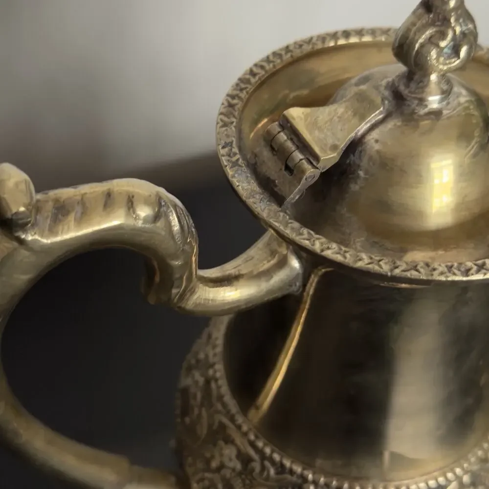 Vintage Ornate Brass Coffee Tea Pot Footed Floral Embossed Decorative Ewer
